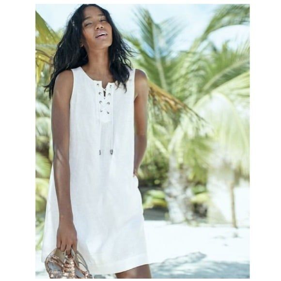 Boden White 100% Linen Lace Up Front Dress Size 6L - Picture 1 of 8